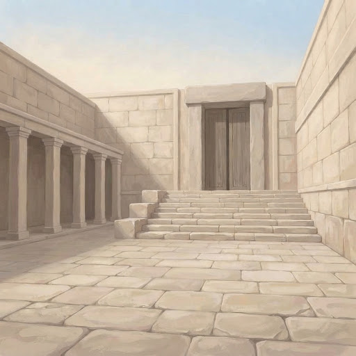 Stone temple court with steps leading to a great doorway