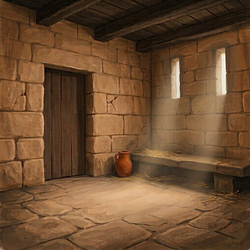 Stone room with a wooden door, a clay jar and a bench