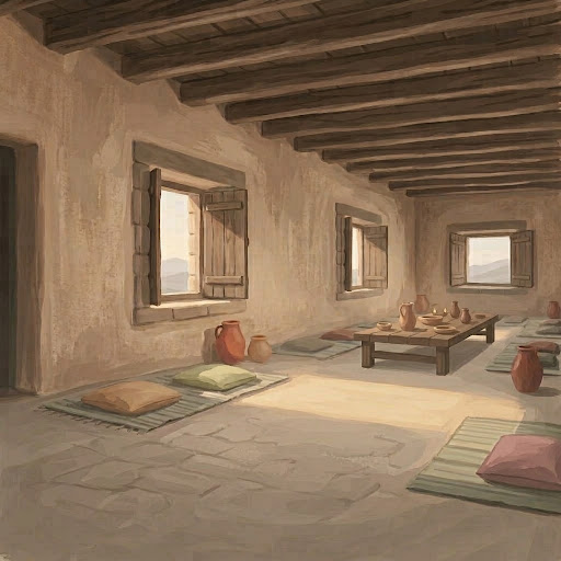 Room where believers gather, with cushions and a low table