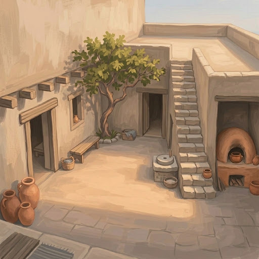 Courtyard of a house with an olive tree and clay oven