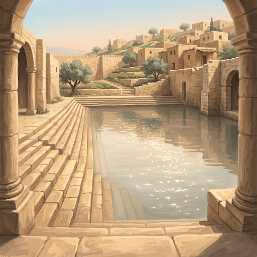 Stone pool with steps and arches